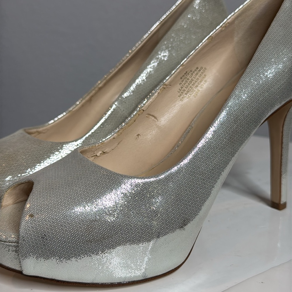 NINE WEST QTPIE METALLIC LEATHER PEEP TOE PLATFORM HEELS - Picture 15 of 15